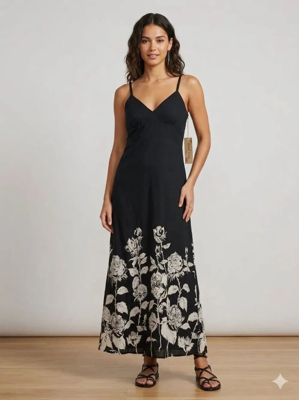 Earth Songs boho Black Floral Maxi Dress with V-Neck and Spaghetti Straps